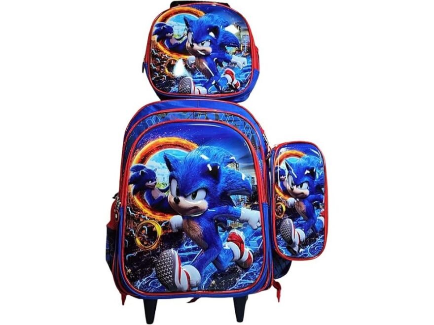 Mochila Infantil Sonic com rodinhas e lancheira, conjunto escolar masculino com design do Sonic The Hedgehog, compartimento amplo, alça retrátil e estrutura resistente para uso diário na escola.