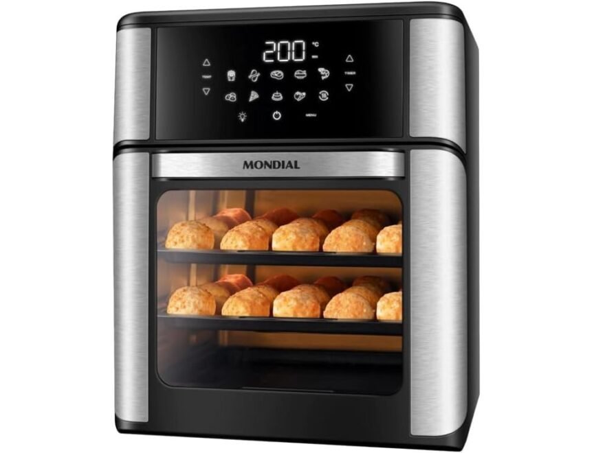 Mondial Fritadeira Air Fryer Forno Oven 12L na cor preto com inox, design moderno e painel digital, equipada com porta de vidro transparente e iluminação interna, ideal para fritar sem óleo, assar, grelhar e preparar refeições saudáveis com potência de 2000W.