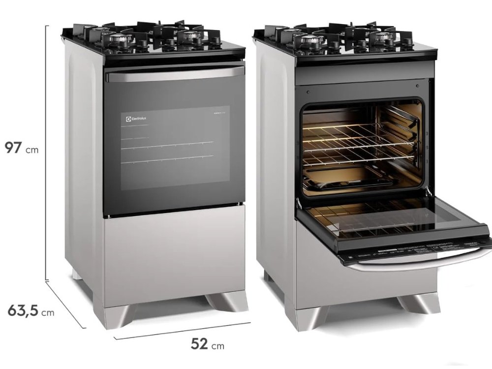 Fogão 4 Bocas Electrolux Cinza Mesa Vidro FE4G com porta do forno espelhada em uma cozinha moderna.