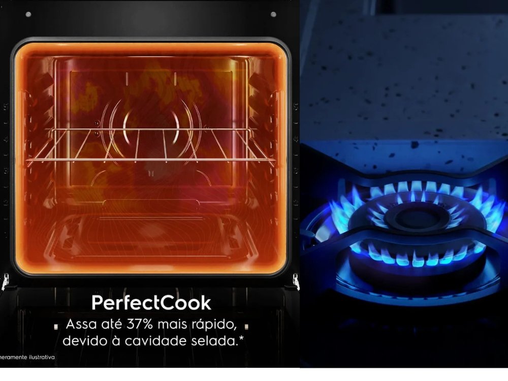 Forno interno e chamas do Fogão 4 Bocas Electrolux Cinza Mesa Vidro FE4G.