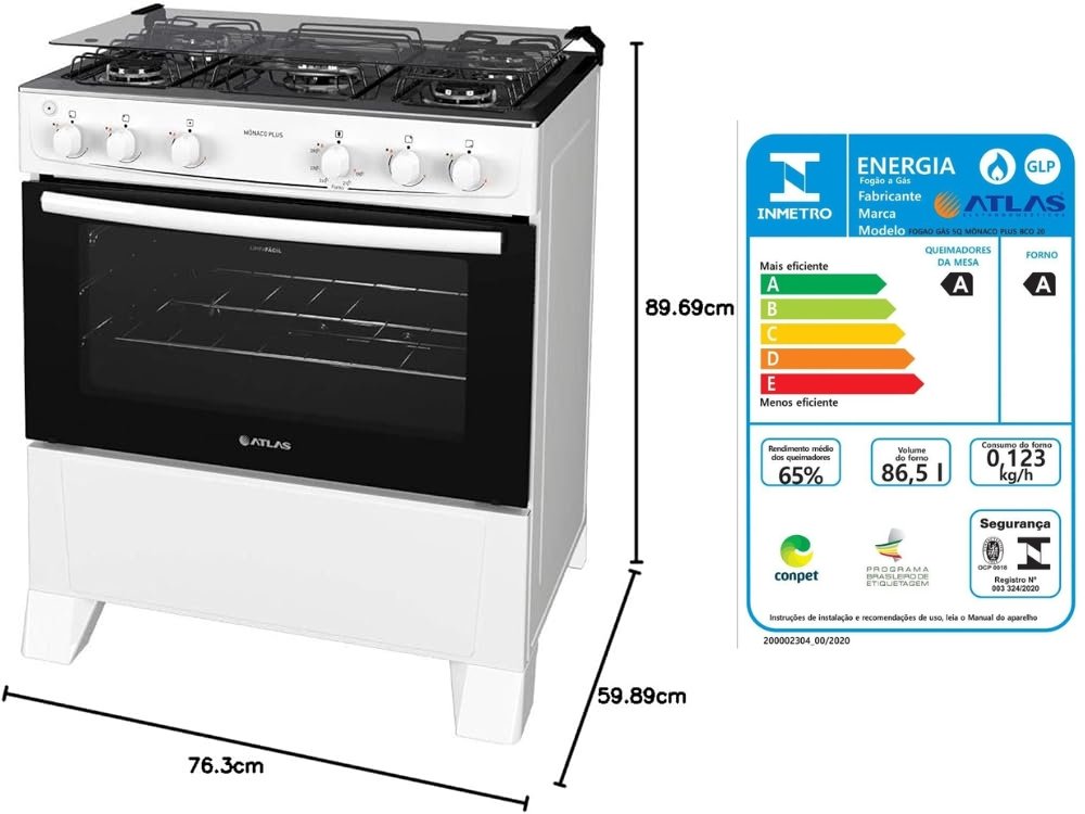 Fogão 5 Bocas Atlas Mônaco Plus Branco com mesa de inox com suas medidas e gasto de energia.