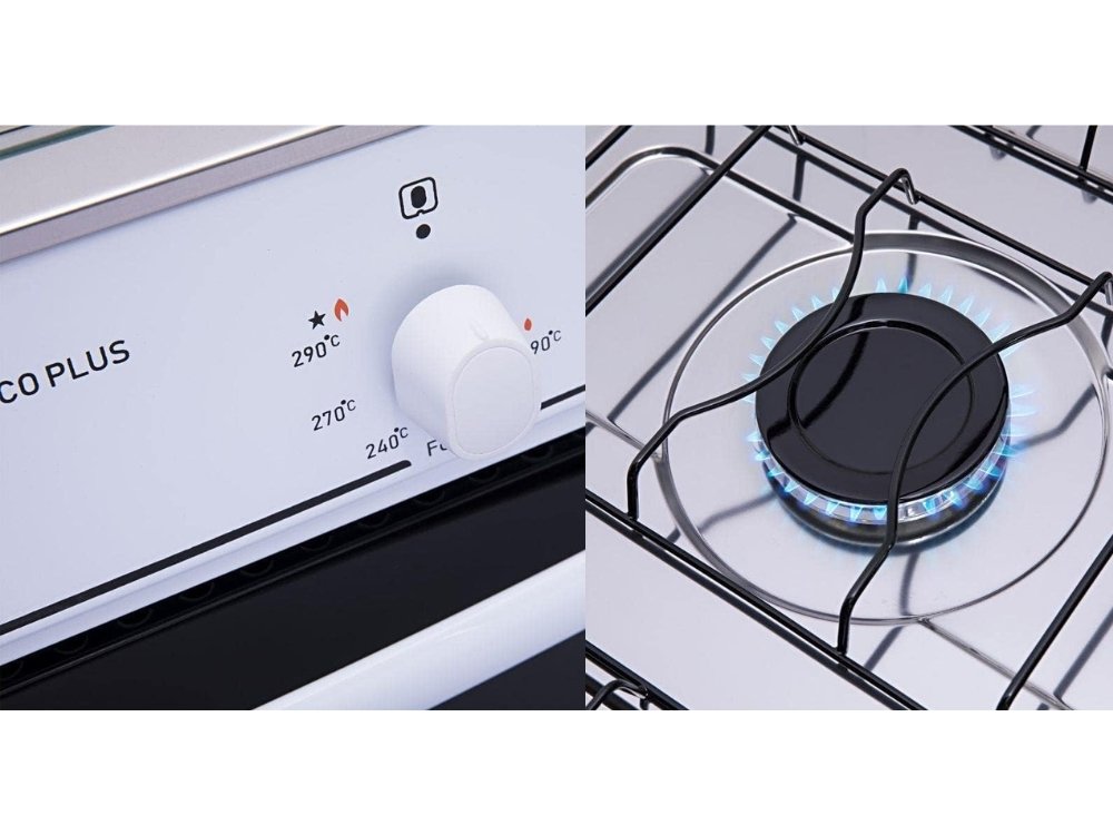 Fogão 5 Bocas Atlas Mônaco Plus Branco com mesa de inox com foco em sua chama e botão de controle.