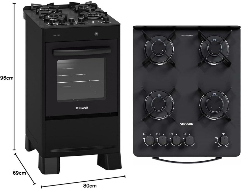 Fogão Suggar 4 Bocas Neo Max preto com mesa de vidro temperado e suas medidas em centímetros.