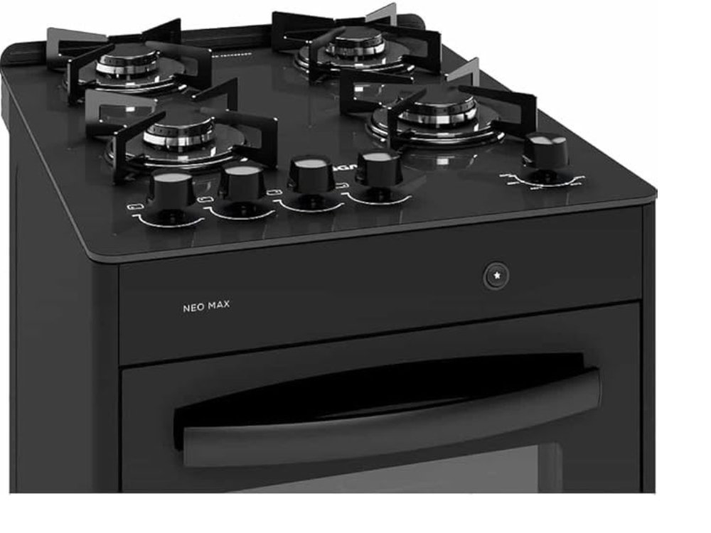 Fogão Suggar 4 Bocas Neo Max preto com mesa de vidro temperado.
