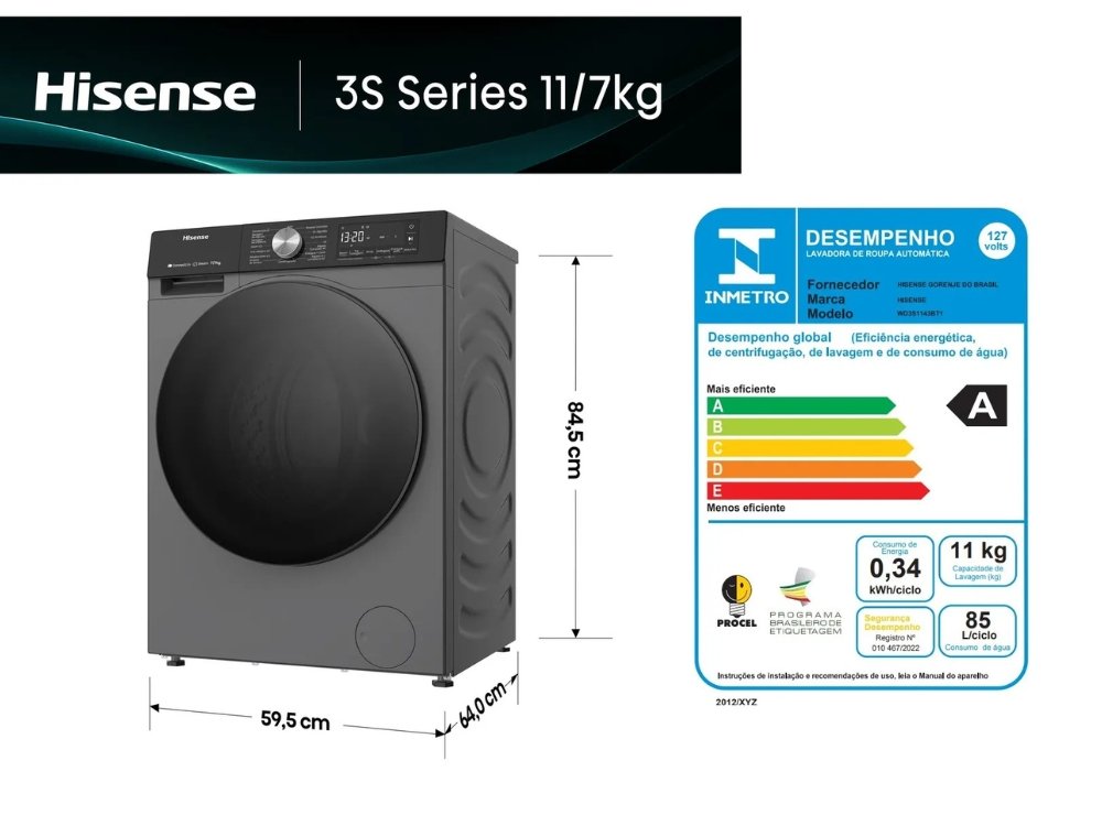 Hisense Lava e Seca 11kg cor Titanium com suas medidas em centímetros e gasto de energia.
