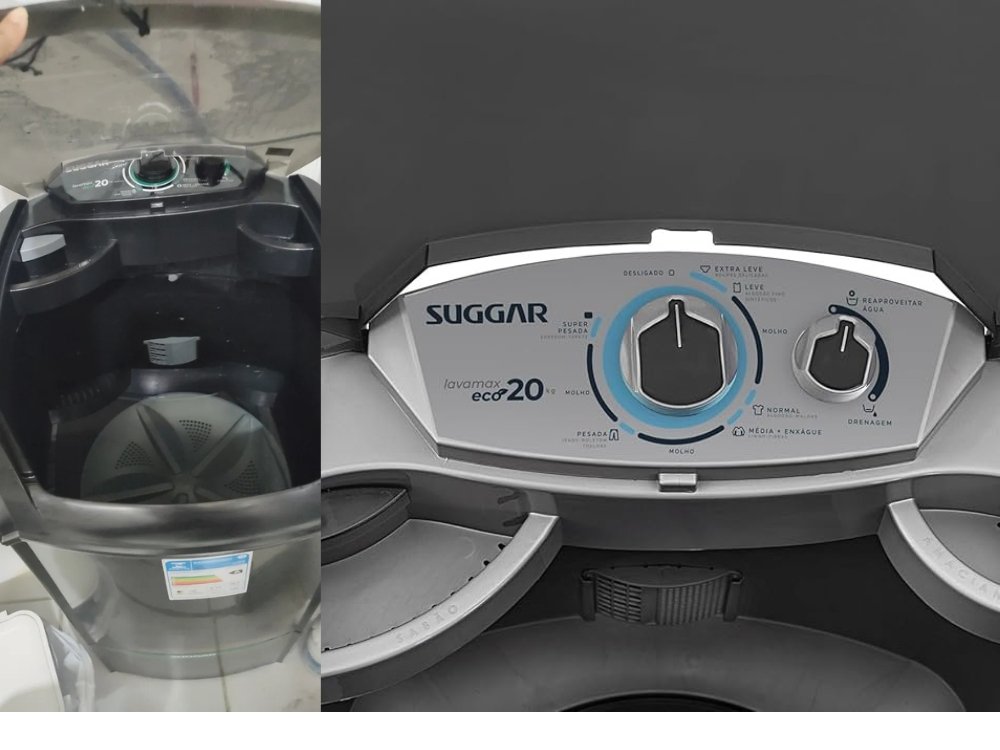 Lavadora de Roupas Suggar Eco 20kg cor prata em ambiente de lavanderia, mostrando o painel superior e a tampa aberta.