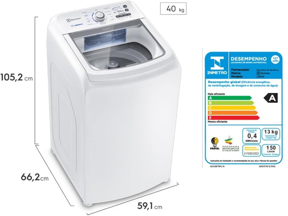 A Máquina de Lavar 13kg Electrolux combina design compacto com cesto em inox e tecnologia antimanchas.