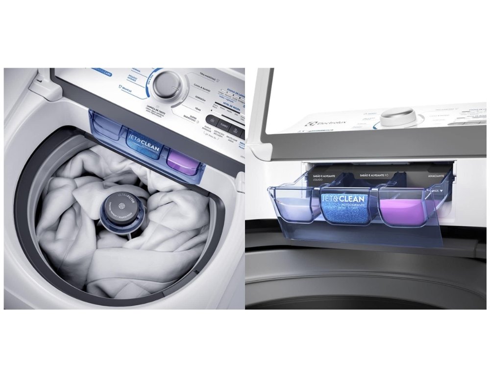 Máquina de Lavar 13kg Electrolux LED13 branca com tampa aberta mostrando o cesto em inox e o dispensador Jet&Clean.