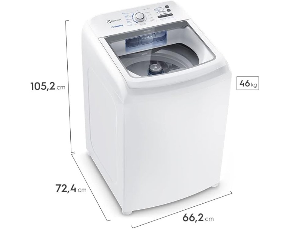 Máquina de Lavar Electrolux 15kg Branca Essential Care LED15 com as medidas em centímetros.
