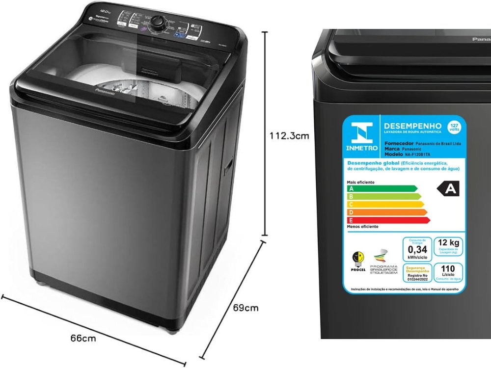 Máquina de Lavar Panasonic 12kg cor titânio com suas medidas em centímetros e o selo de gasto de energia.