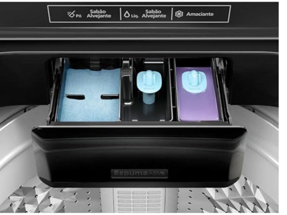 Máquina de Lavar Panasonic 12kg cor titânio e os seus compartimentos.