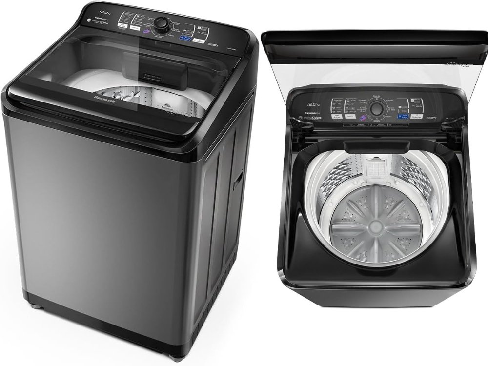 Máquina de Lavar Panasonic 12kg cor titânio com a tampa aberta.