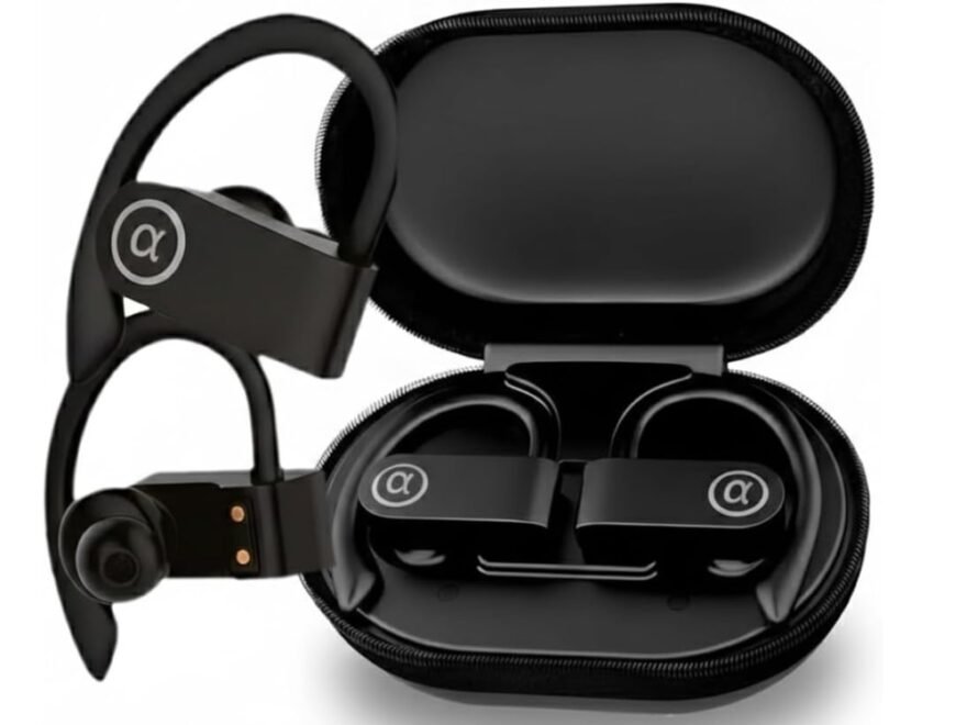 Fone de Ouvido Bluetooth Esportivo preto com gancho de fixação na orelha, resistente ao suor