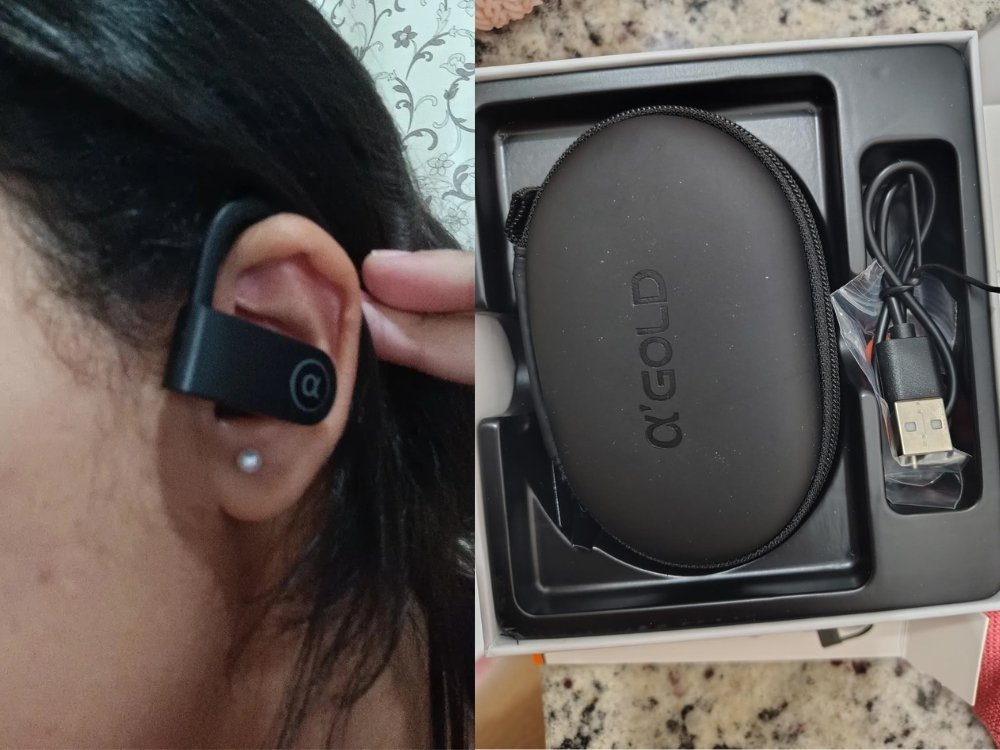 Foto dos fones de ouvidos na orelha de uma pessoa e fotos da caixa em qual os fones são enviados.