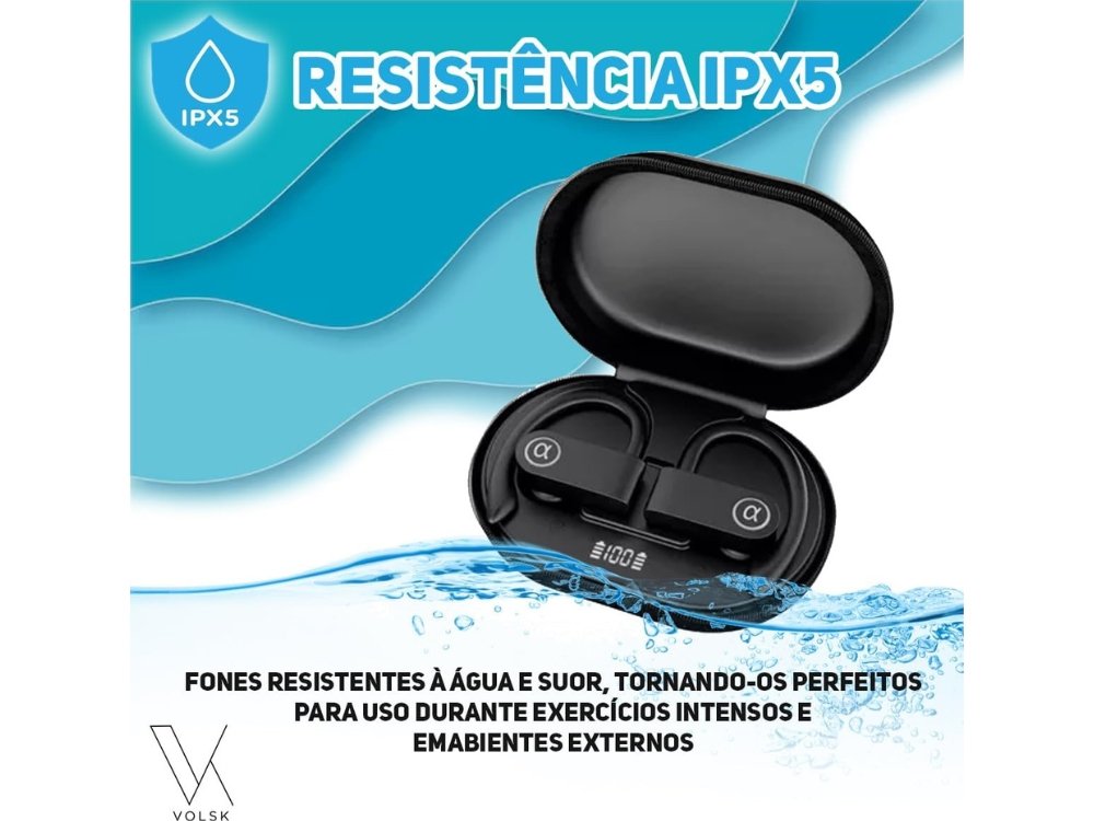 Foto dos fones de ouvido bluetooth, dando ênfase na sua resistência a água IPX5