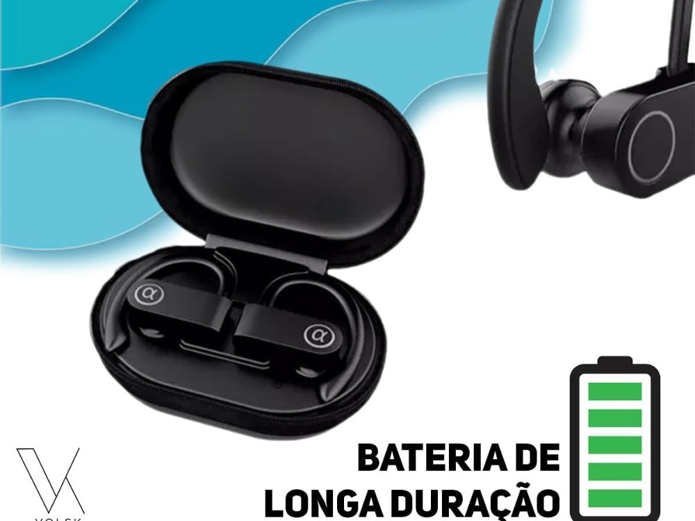 Foto dos fones de ouvido no seu case, danda ênfasa em suas baterias.