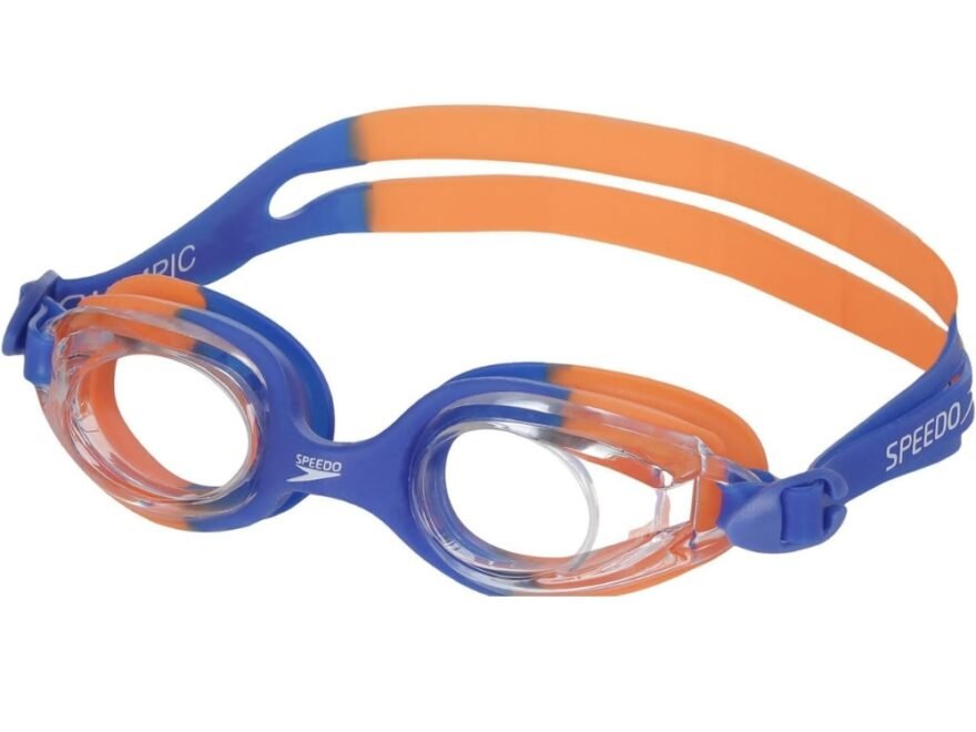 Óculos de Natação Infantil, Speedo, Junior Olympic com armação azul e lentes transparentes.