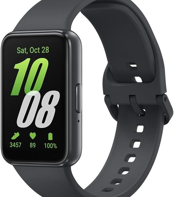 Smartwatch Samsung Galaxy Fit3 em cor grafite com display AMOLED de 1.6" e corpo em alumínio