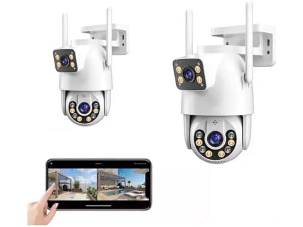 Câmera de Segurança Yoosee Lente Dupla externa na cor branca com antenas Wi-Fi, mostrando duas lentes de gravação simultânea