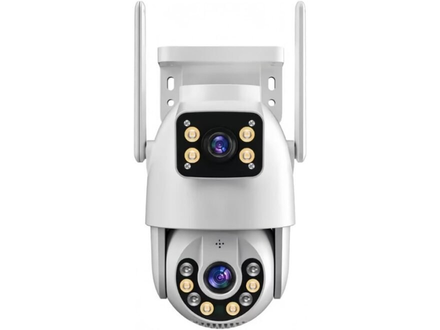 Câmera de Segurança Yoosee Lente Dupla externa na cor branca com antenas Wi-Fi, mostrando duas lentes de gravação simultânea.