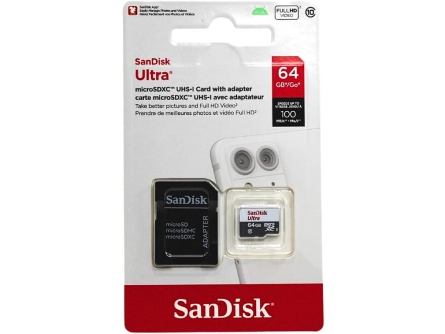 Cartão de Memória Micro Sd 64gb Sandisk nas cores cinza e vermelho