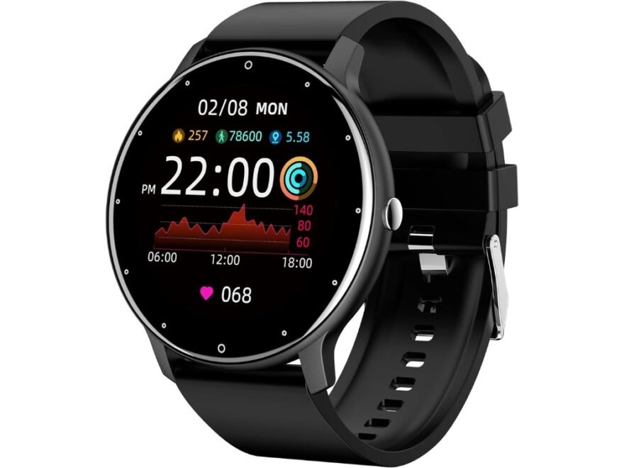 Haiz Smartwatch Relógio Inteligente na cor preta, modelo My Watch I Fit de 44mm com tela circular exibindo o mostrador de horas e contador de passos.
