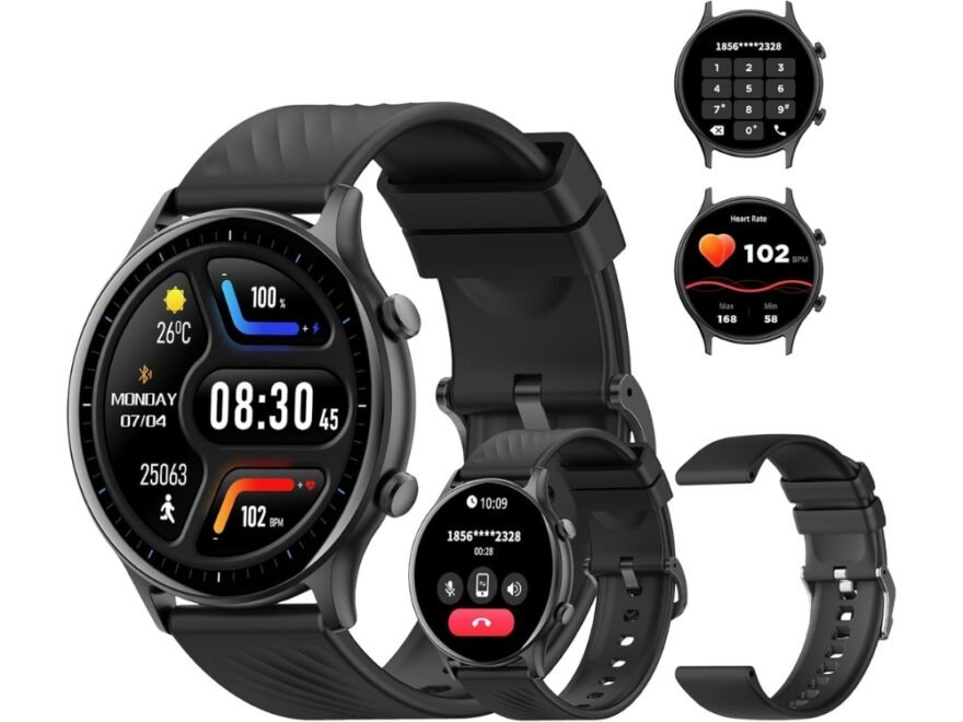Smartwatch PEJE ZW04 na cor preta, com a tela Touch de 1.39" exibindo a interface de chamadas, ladeado pelas duas pulseiras inclusas na embalagem.